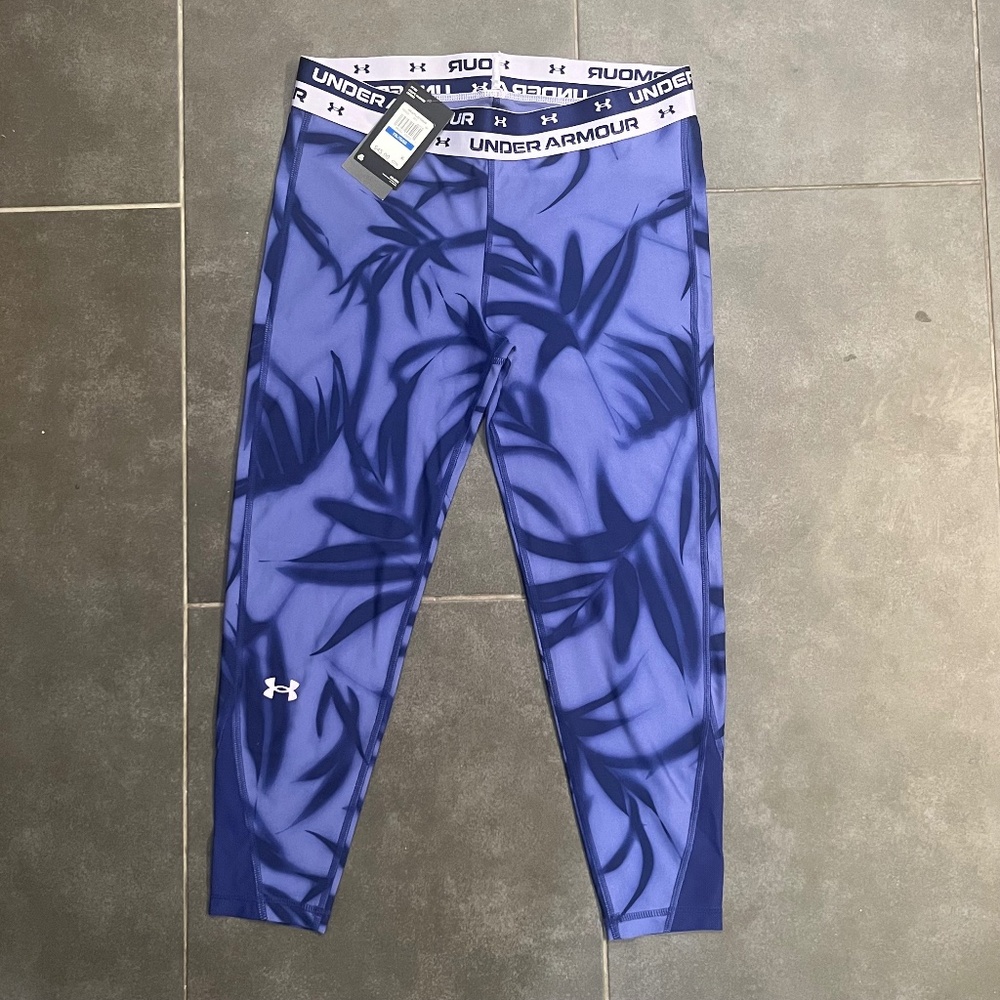 NWT Under‎ Armour UA Athletic Crop Leggings Blue Purple Leaf YXL Extra Large